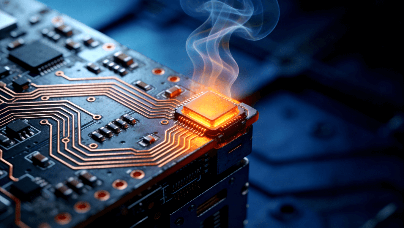 熱電分離金屬基板微距特寫，展示高功率電子元件散熱時(shí)熱浪波紋的視覺效果