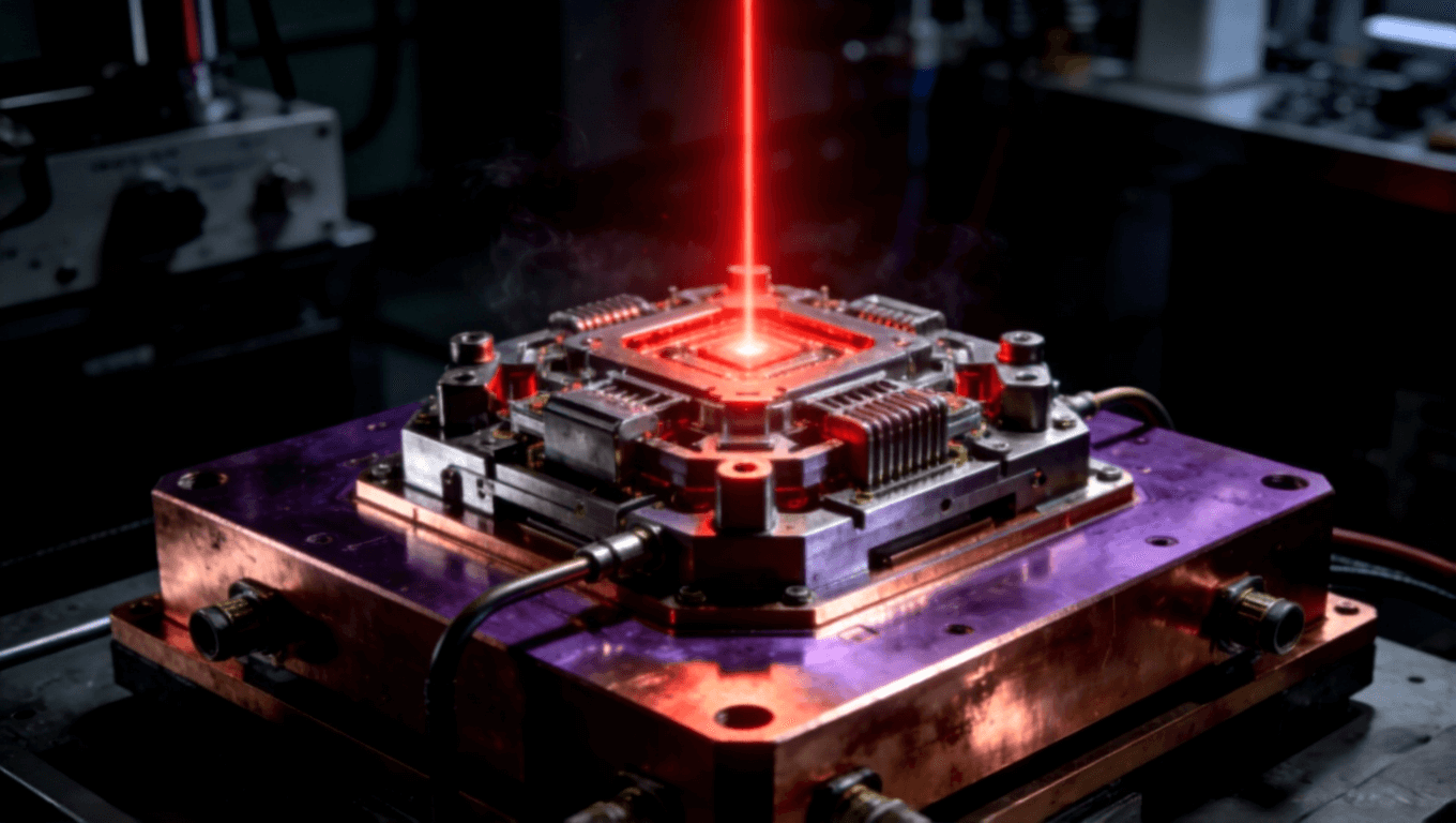 高功率工業(yè)激光器模塊特寫，厚重銅基板作為核心散熱底座，發(fā)射出紅色激光束