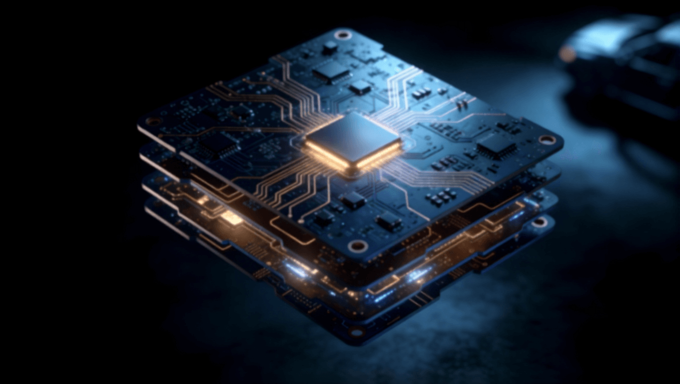 自動駕駛域控制器 PCB 抽象科技視覺，展示多層電路與芯片集成設計