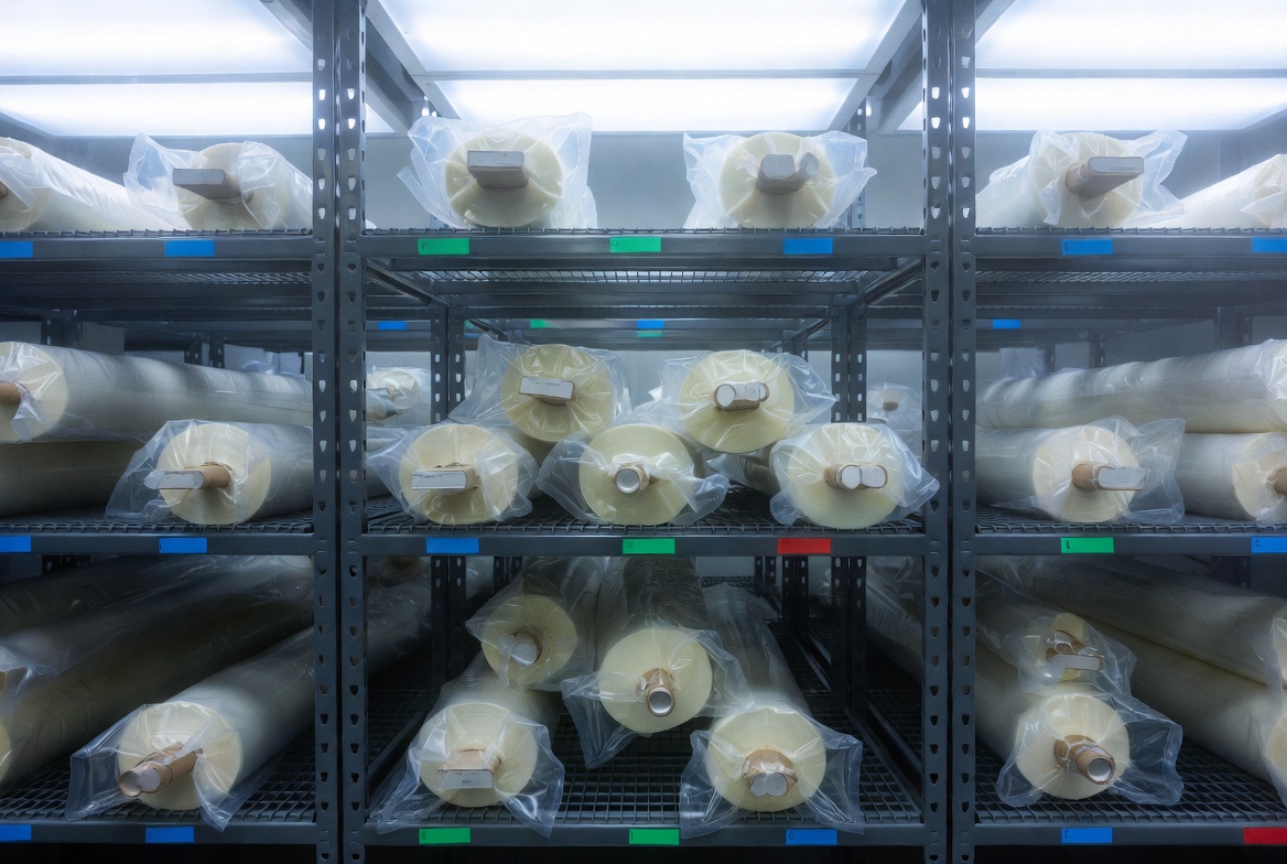 恒溫恒濕倉庫內存放的真空包裝半固化片卷材，表現適宜存儲環境對材料穩定性的重要性