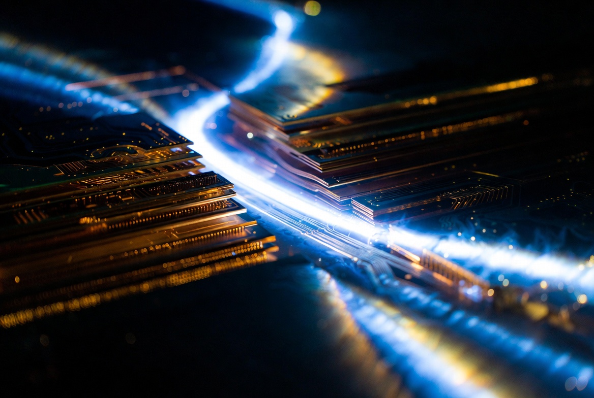 抽象光影表現PCB內部信號因白斑缺陷發生衰減，象征白斑對高頻電路性能的影響