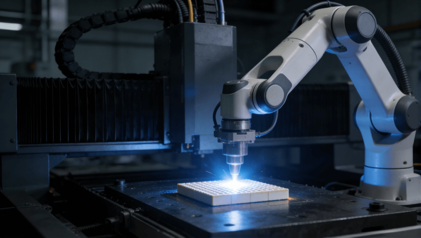 自動化激光焊接陶瓷基板的工業(yè)場景，展現(xiàn)高精度、低熱應(yīng)力焊接技術(shù)的應(yīng)用