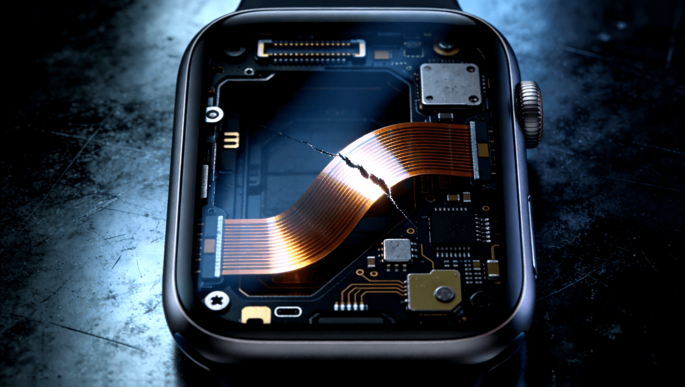 智能手表內部軟板彎折斷裂示意圖，展示柔性電路板在彎折處的微觀裂紋與光影效果