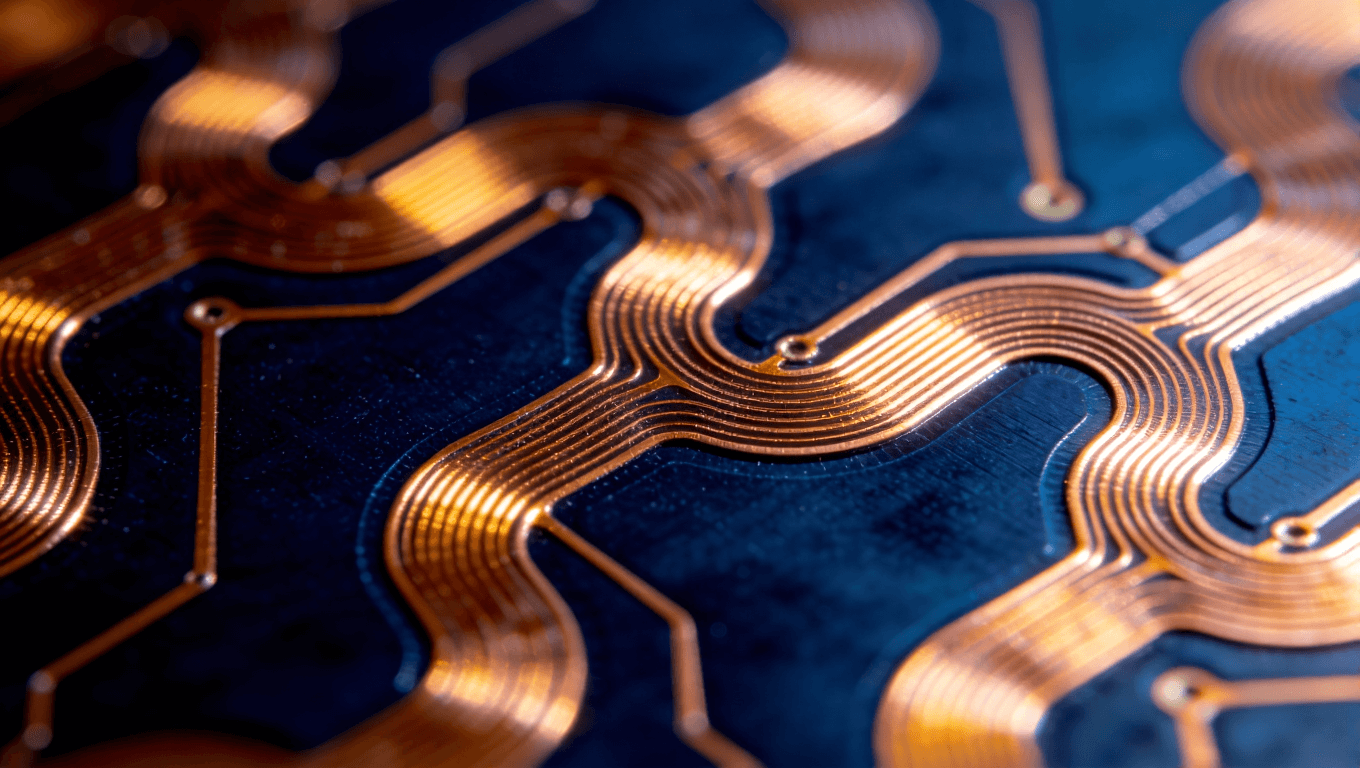 柔性電路板蛇形走線設計細節(jié)圖，展現(xiàn)金黃色銅箔在深藍基材上的波浪形布局