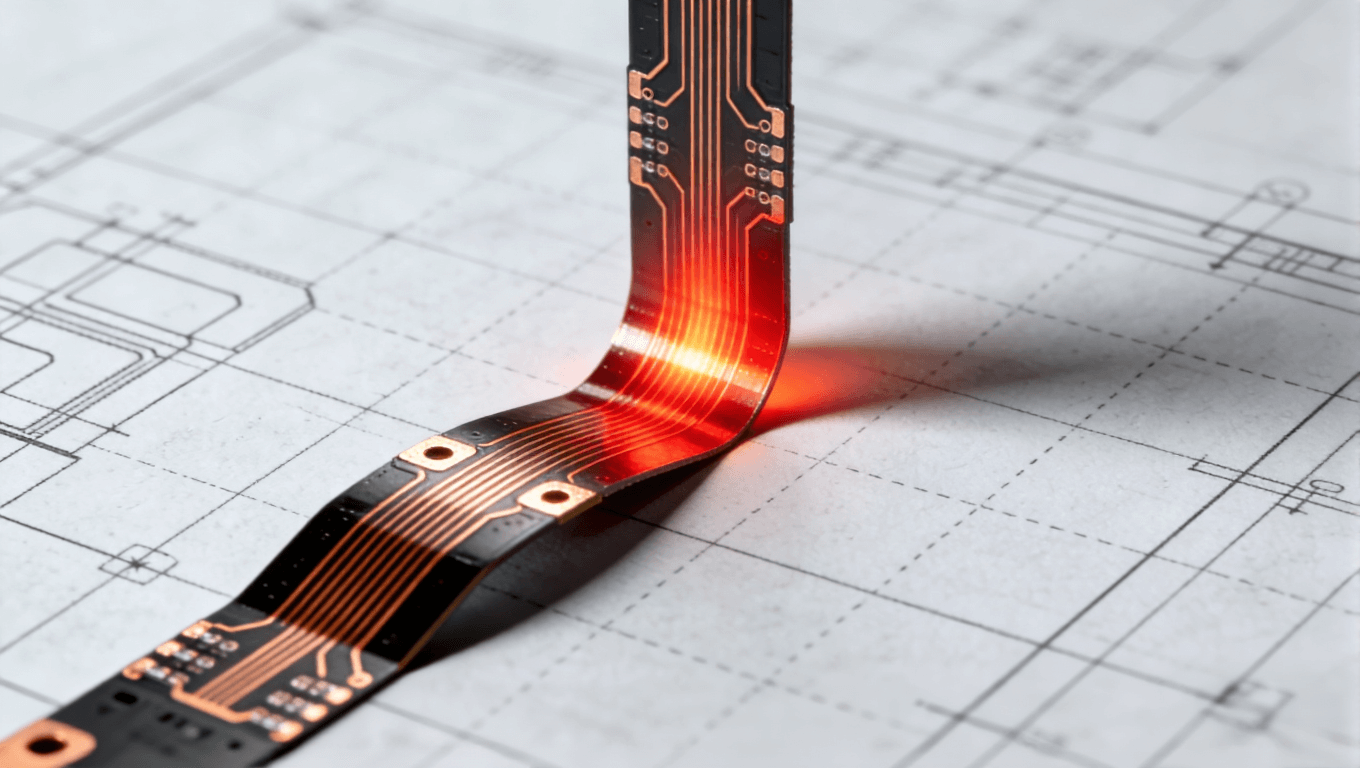 FPC走線與彎折方向垂直導致的應力集中可視化圖示，紅色熱力圖突出應力分布