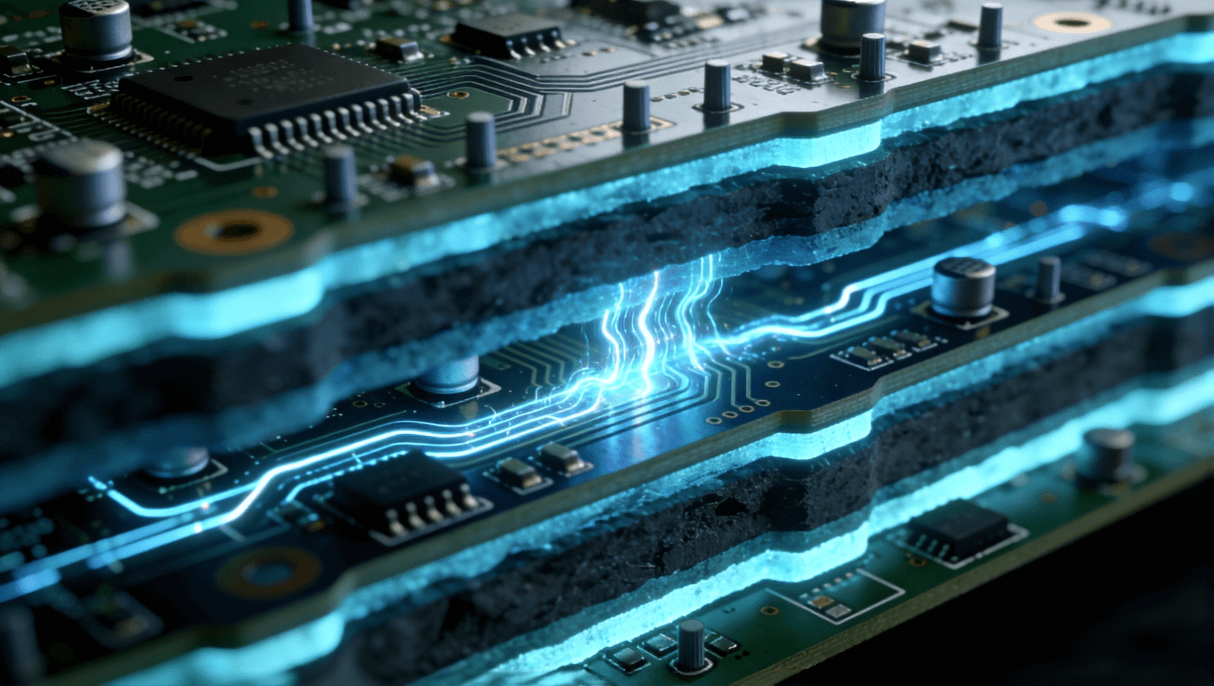 多層高頻PCB剖面視圖，展示電源層、地層結構與去耦電容布局