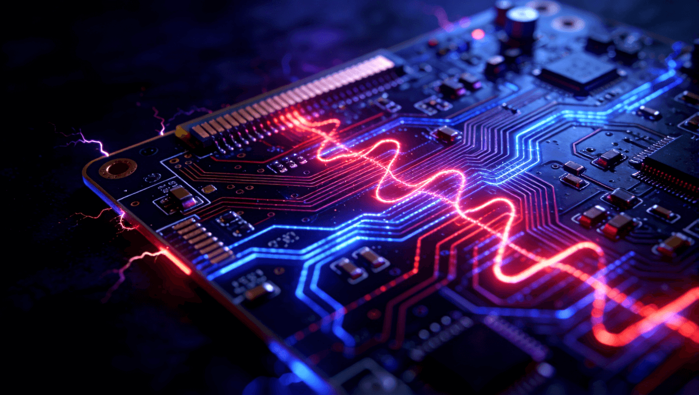 高頻電路板信號失真視覺化，展示紅色與藍色光流在PCB上扭曲波動