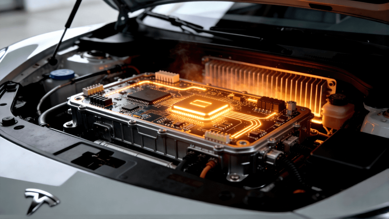 新能源汽車電控系統(tǒng)中陶瓷電路板集成示意圖，表現(xiàn)高功率場景下的散熱與穩(wěn)定性