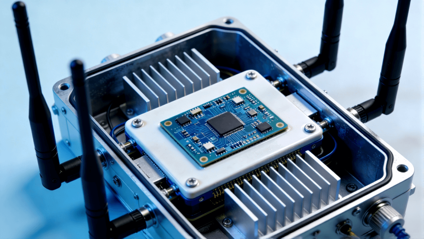 5G基站內(nèi)部陶瓷電路板在射頻模塊中的應(yīng)用場景，體現(xiàn)高頻通信設(shè)備中的集成與散熱設(shè)計(jì)