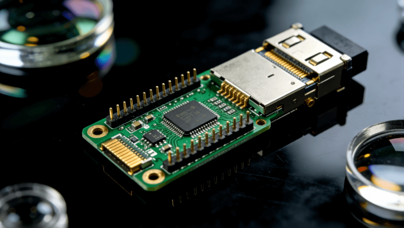 成品光模塊PCB展示，綠色焊盤與金色連接器，呈現高質量制造工藝