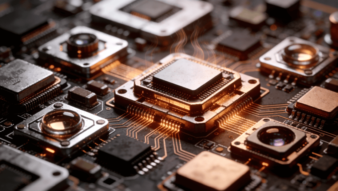 光模塊PCB精密布局與散熱設計，微型芯片密集排列，熱感視覺效果