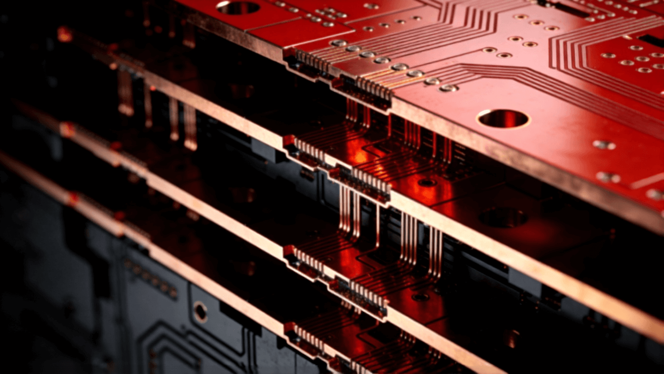 多層光模塊PCB內部結構抽象3D視圖，展示盲埋孔與厚銅工藝