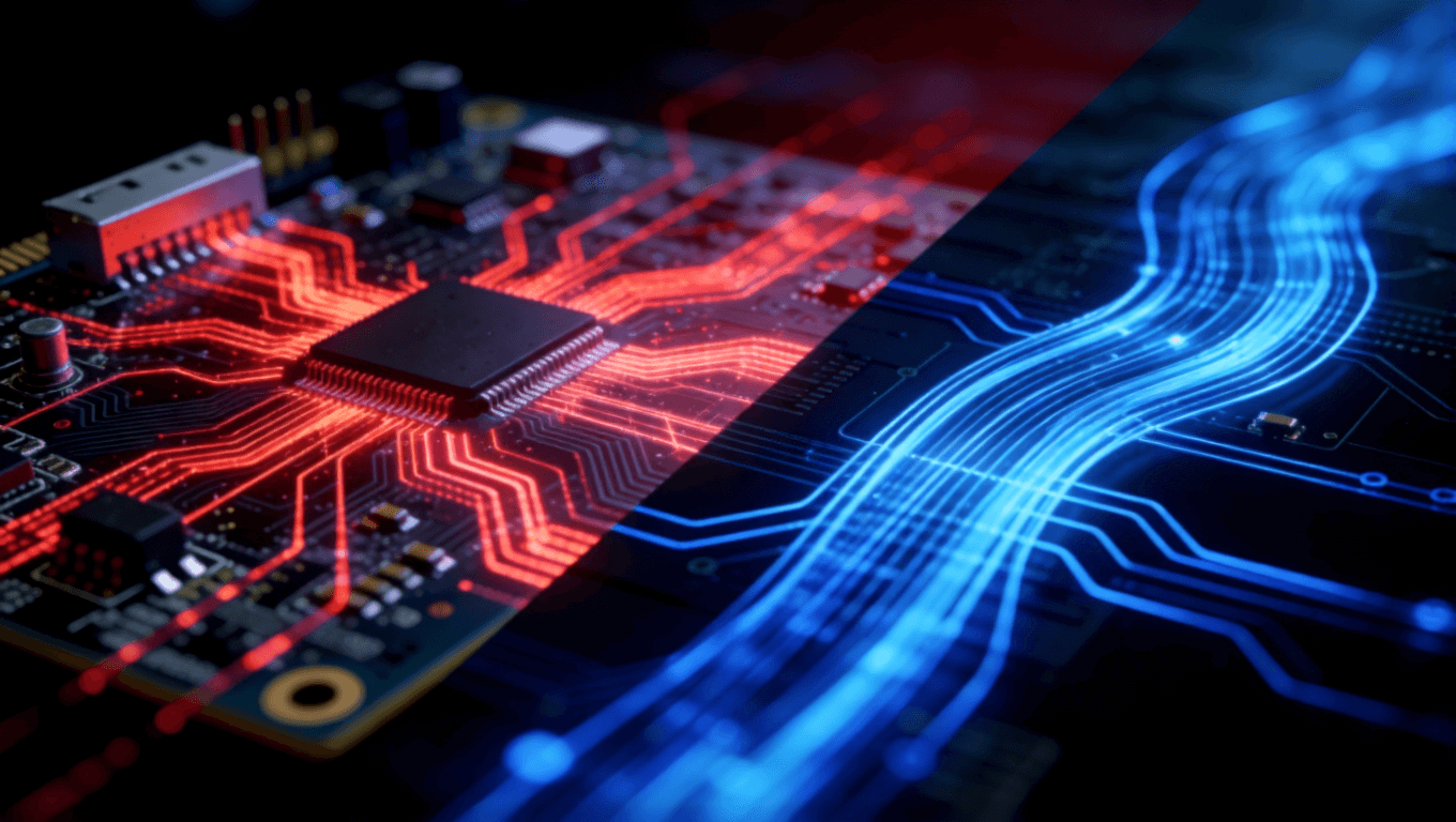 光模塊PCB信號完整性問題與優化方案對比圖，紅藍信號流視覺對比