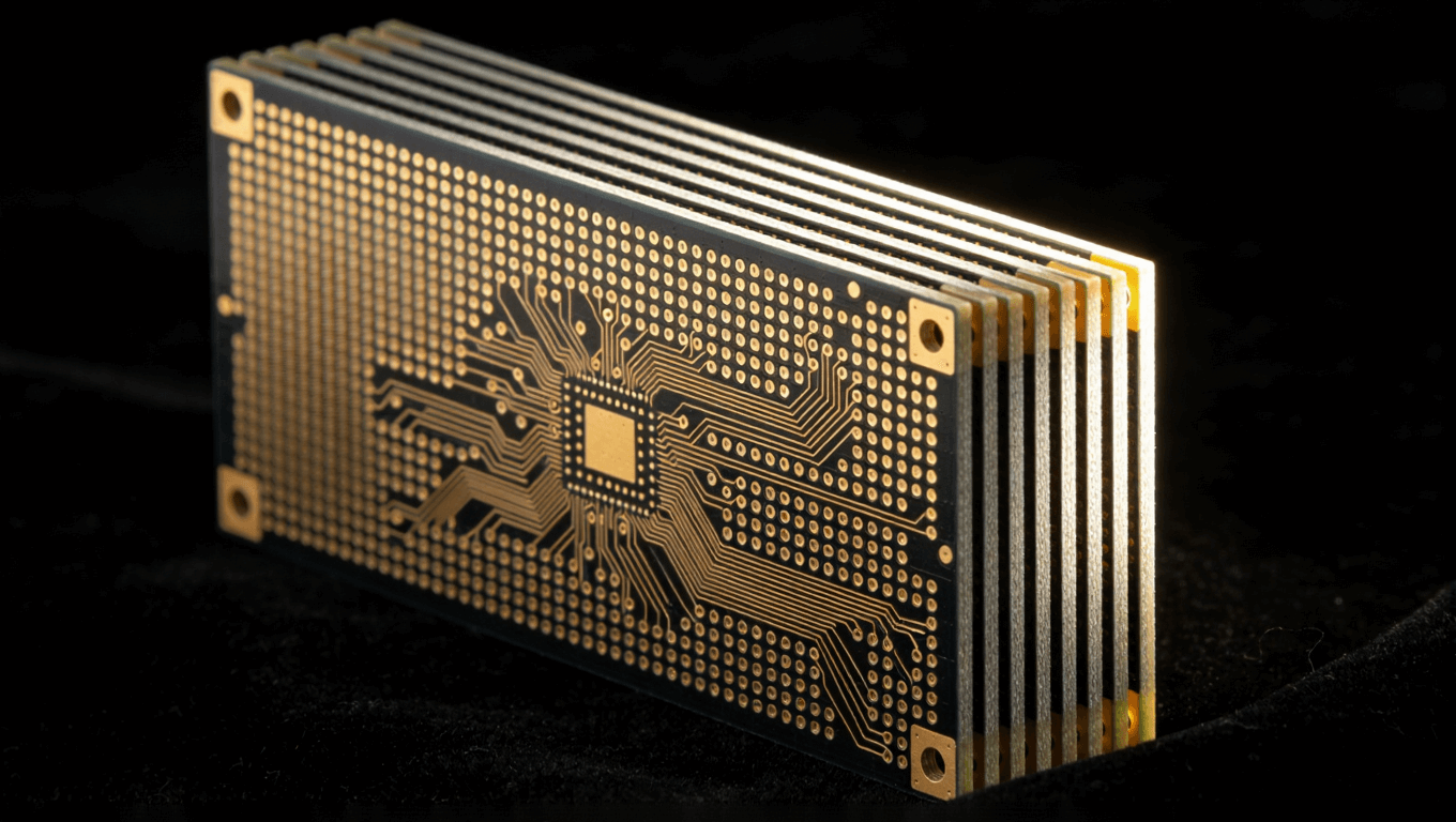 制造完成的毫米波PCB多層板靜物特寫，展示完美線路與層壓結(jié)構(gòu)