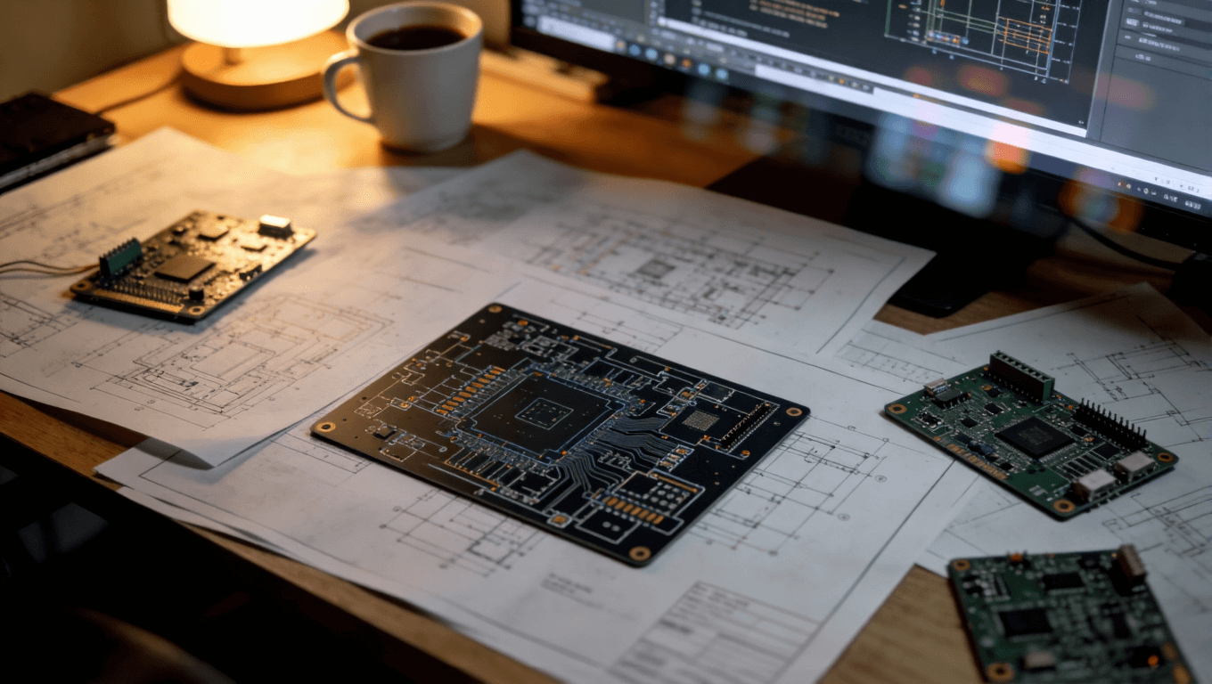 一張工作臺上散落著PCB設(shè)計(jì)圖紙、電路板樣品