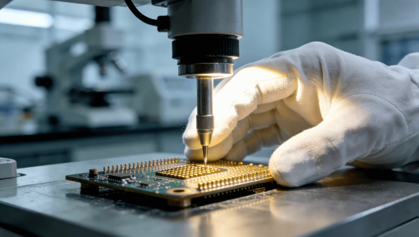 在電子制造實驗室中，技術人員佩戴潔凈手套，使用精密儀器對沉金電路板焊盤進行最終質量檢測 