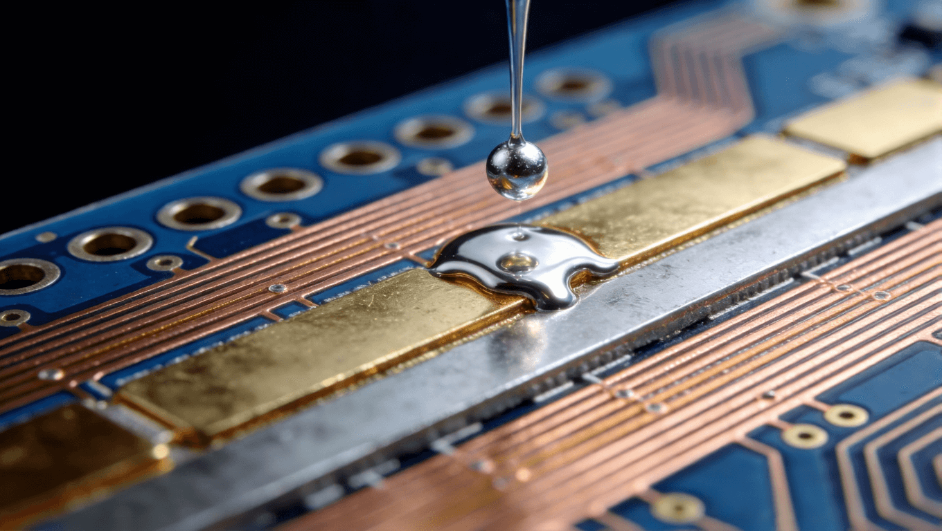 沉金板PCB截面微觀結構特寫，展示銅、鎳、金分層與焊錫浸潤的精密工藝過程 