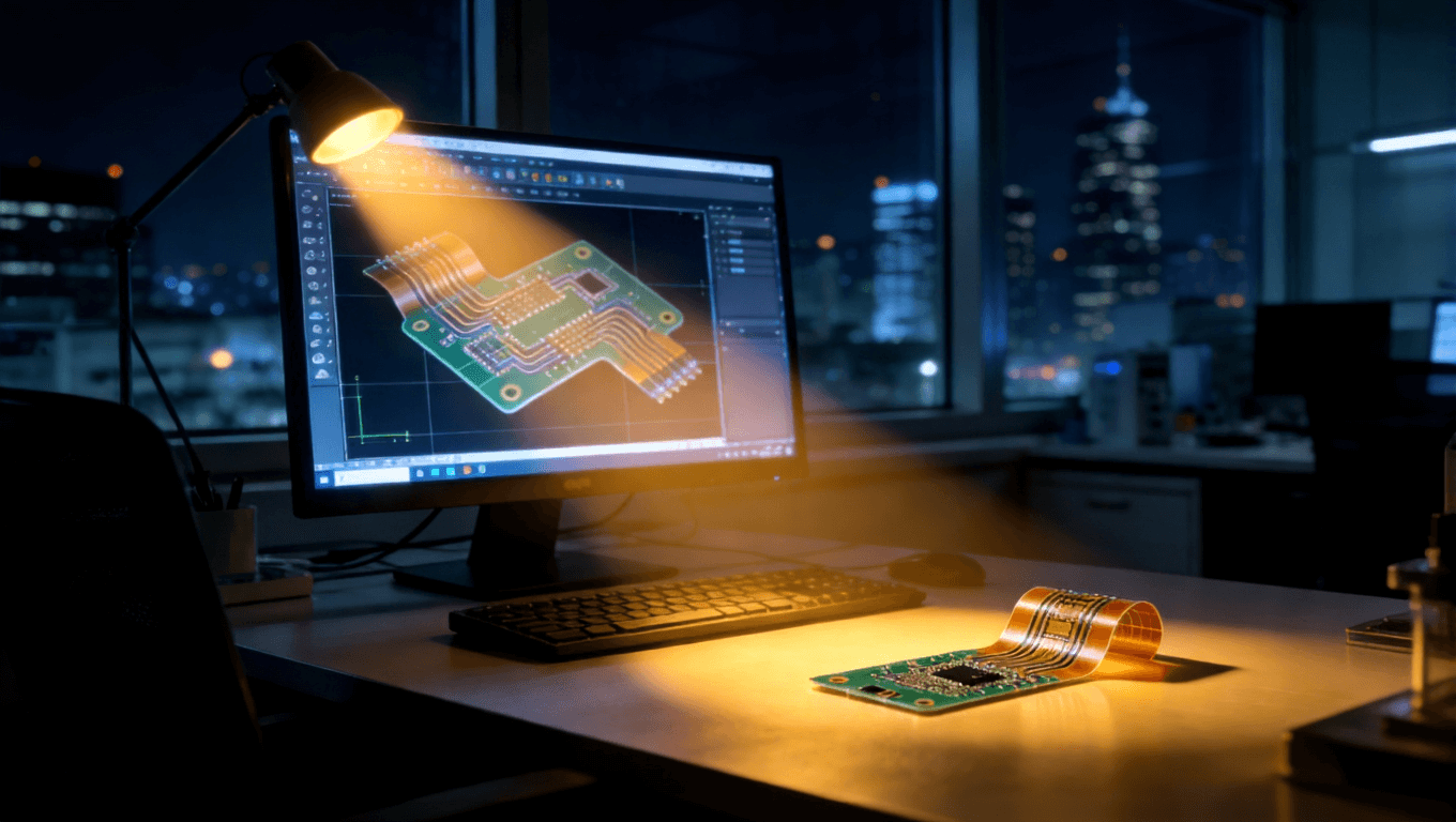象征24小時技術支持的場景，超聲探頭柔性板設計方案與成品在深夜的研發(fā)中心被點亮