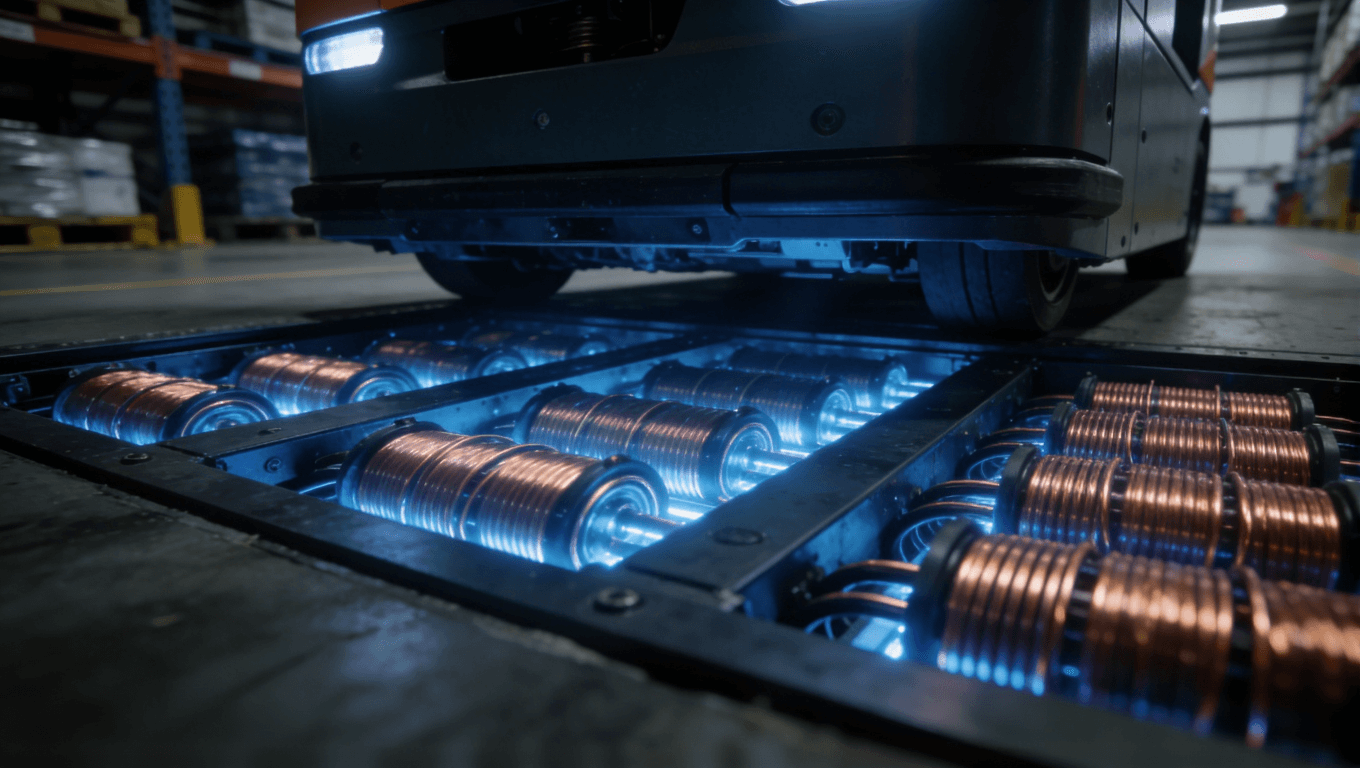 工業(yè)AGV大功率無(wú)線充電站及內(nèi)部多線圈PCB工作場(chǎng)景