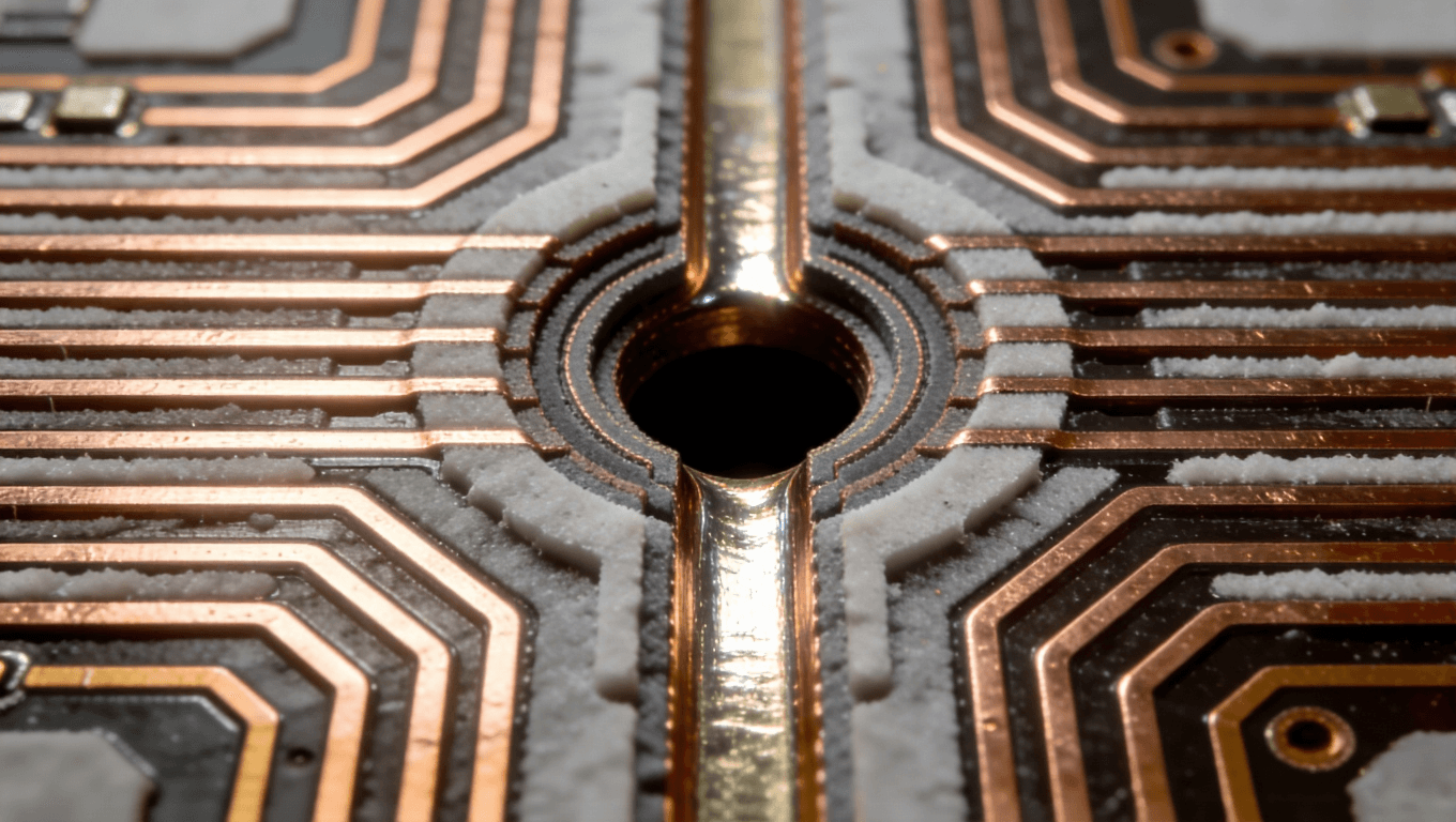 IC載板微小盲孔結構的電子顯微鏡風格截面視圖，展示高密度互連