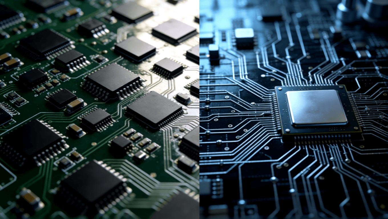 傳統PCB作為通用電路平臺與IC載板作為芯片定制化互聯樞紐的俯視對比圖