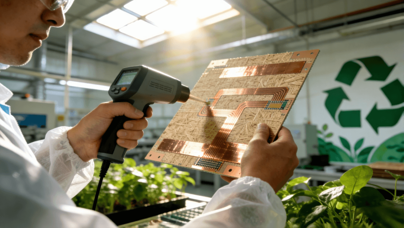 光模塊PCB綠色制造車間現(xiàn)場(chǎng)，突出環(huán)保材料與可持續(xù)工藝