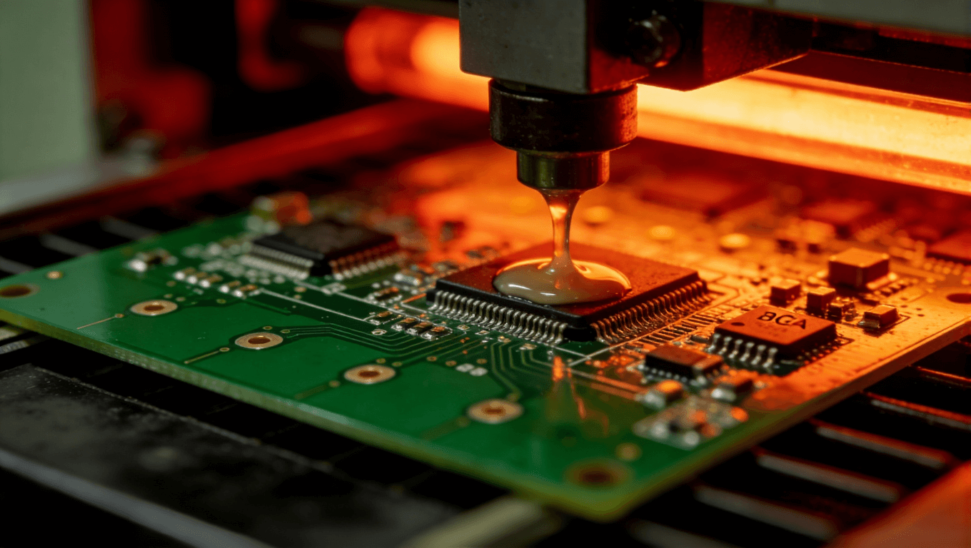 高頻電路板在回流焊爐中進(jìn)行精密焊接過程特寫，展現(xiàn)溫度控制與焊點(diǎn)形成瞬間