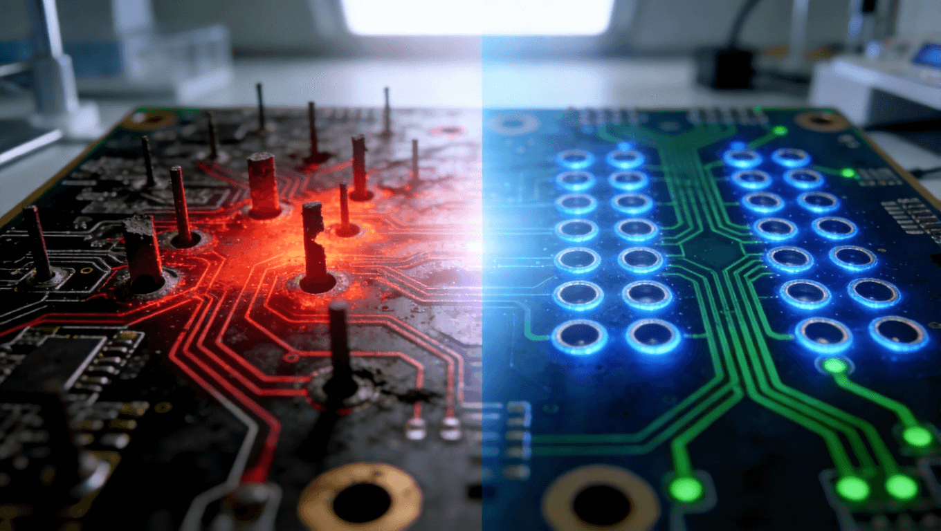 1.6T光模塊PCB過孔優化前后對比，左側傳統設計問題，右側優化后信號與熱管理改善