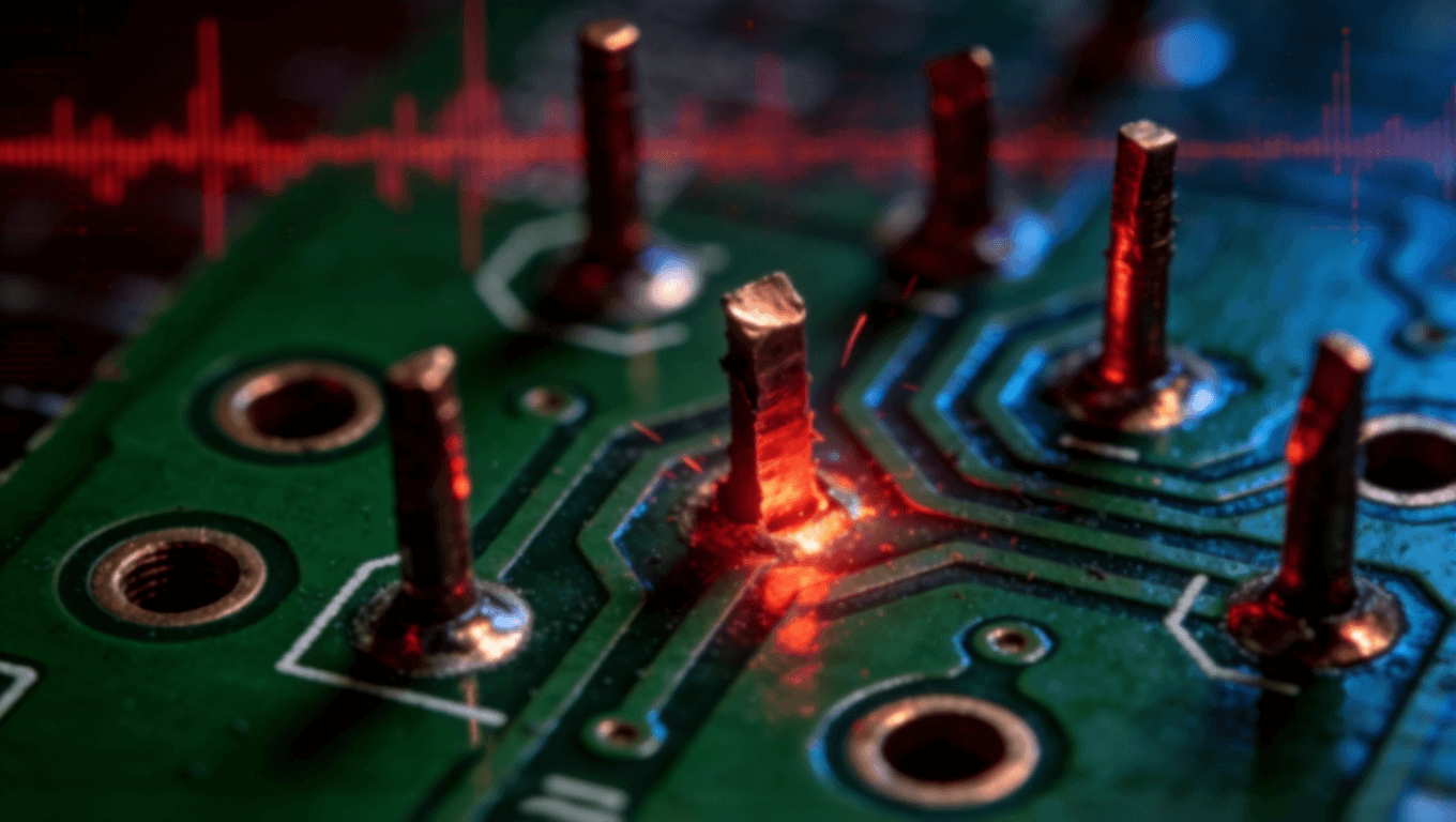 高速光模塊PCB傳統通孔殘樁特寫，展示via stub導致的信號反射與干擾問題