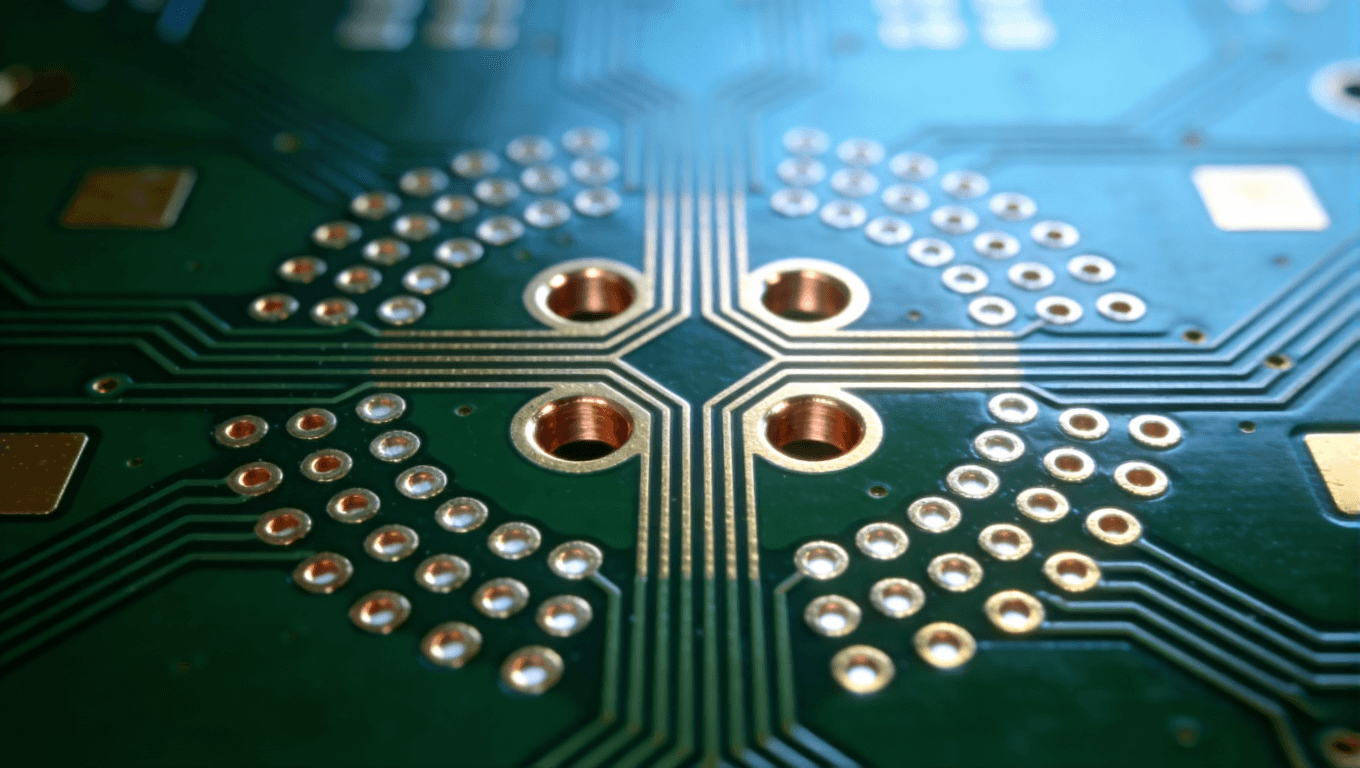 優化后的光模塊PCB過孔設計特寫，展示激光盲孔、對稱差分對與接地屏蔽結構