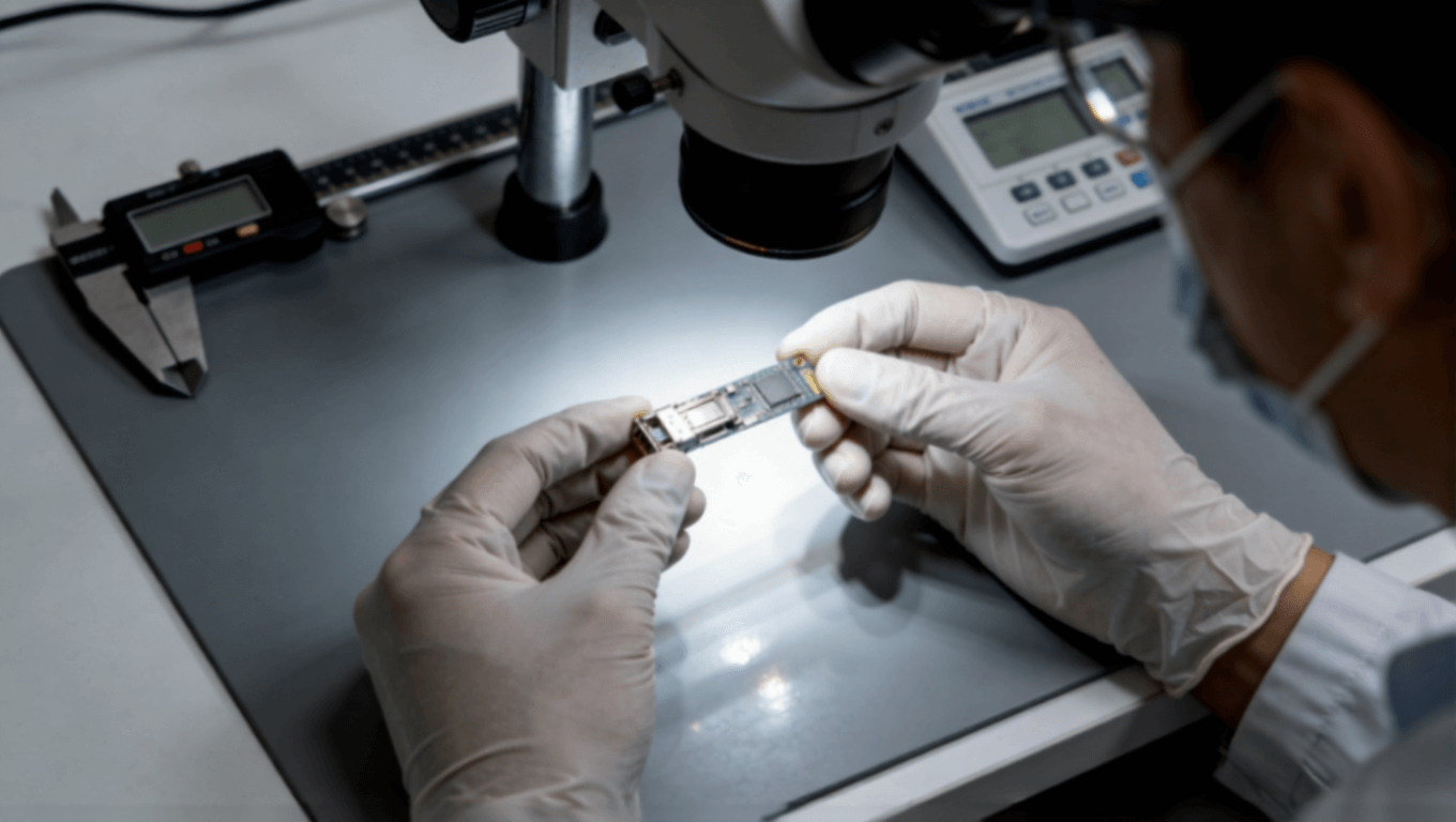 工程師在實驗室中檢測高密度光模塊PCB樣品