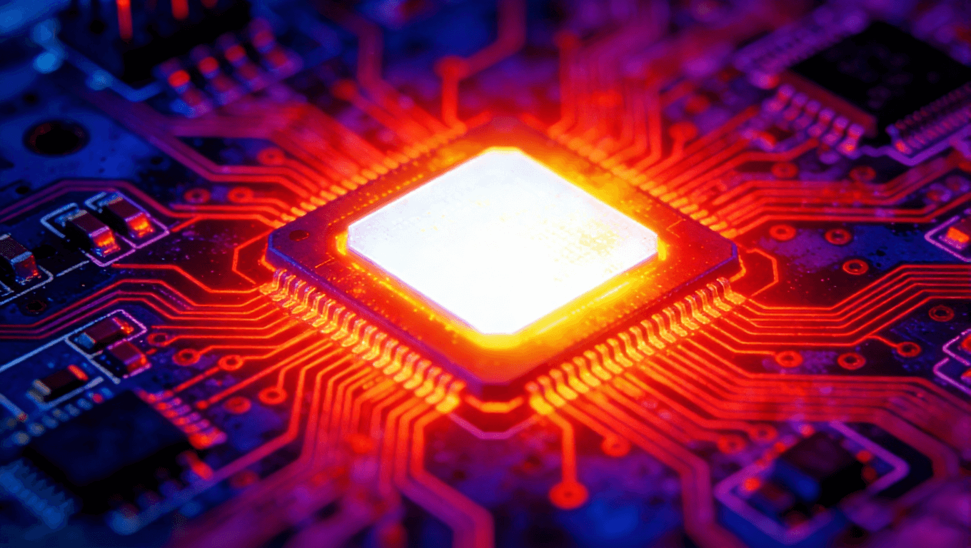 熱成像藝術效果圖，PCB上LED芯片過熱，核心亮白，熱量呈紊亂紅色輻射狀擴散