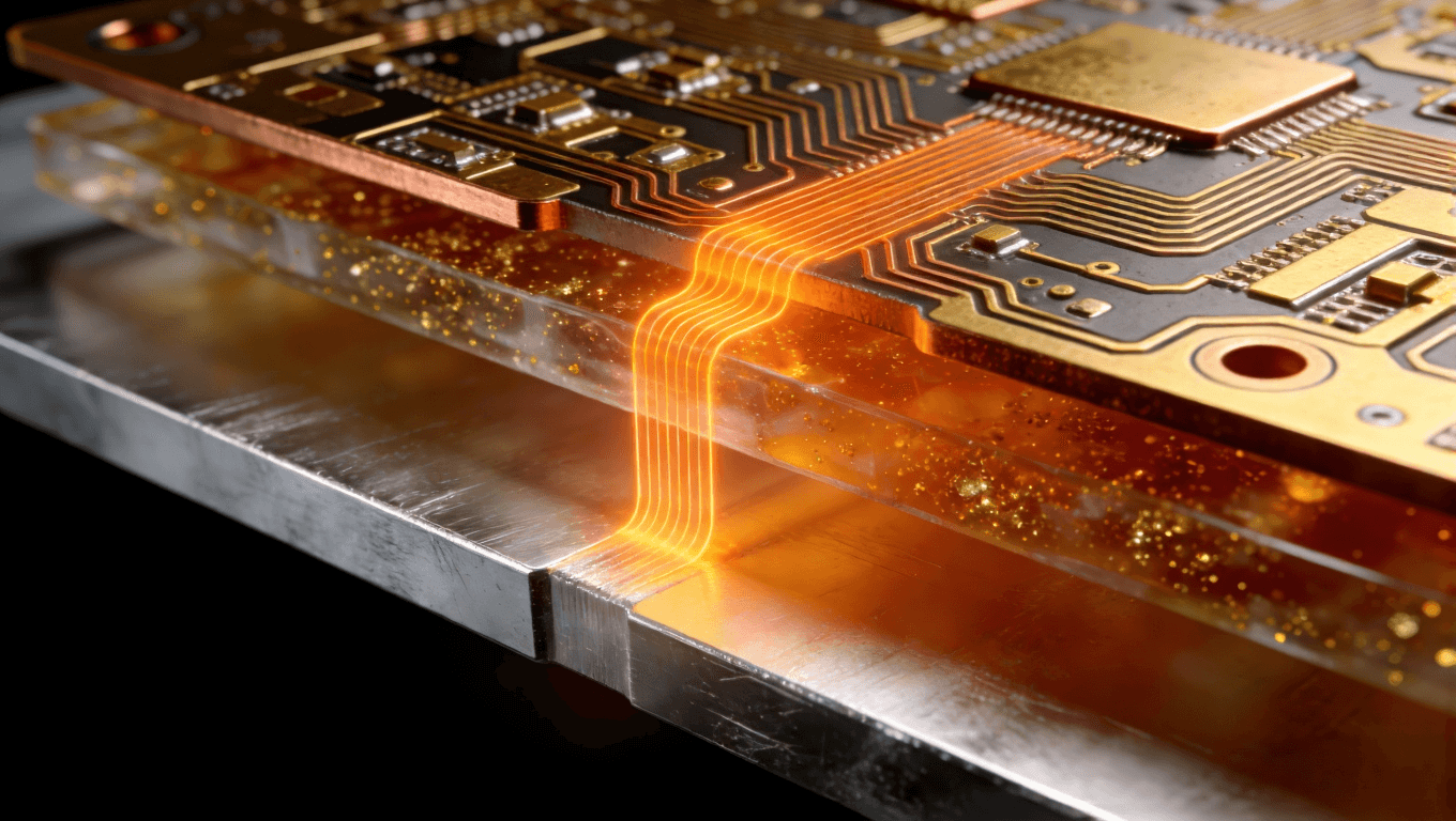 鋁基板三明治結構3D截面渲染，清晰展示鋁層、絕緣層、電路層及穿透的橙色熱流