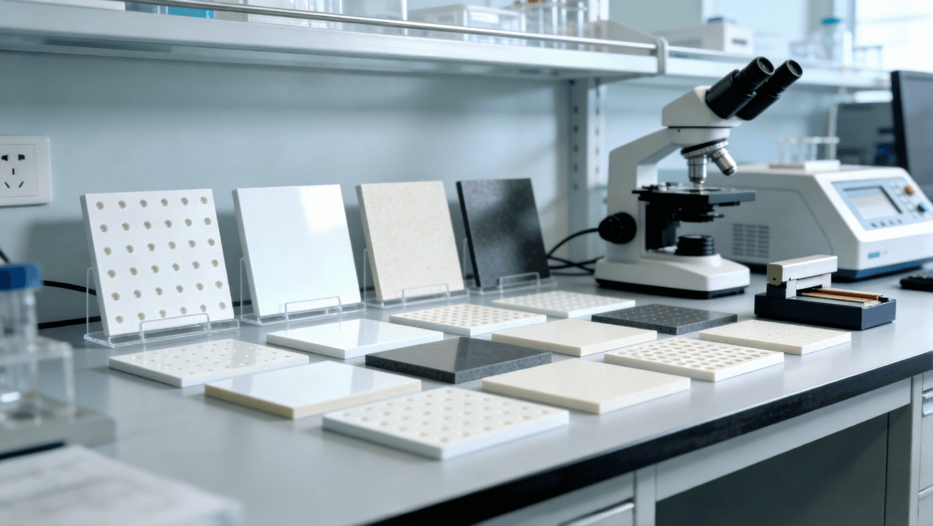 陶瓷基板樣品與檢測設(shè)備陳列圖，展現(xiàn)材料對比與質(zhì)量管控環(huán)節(jié)