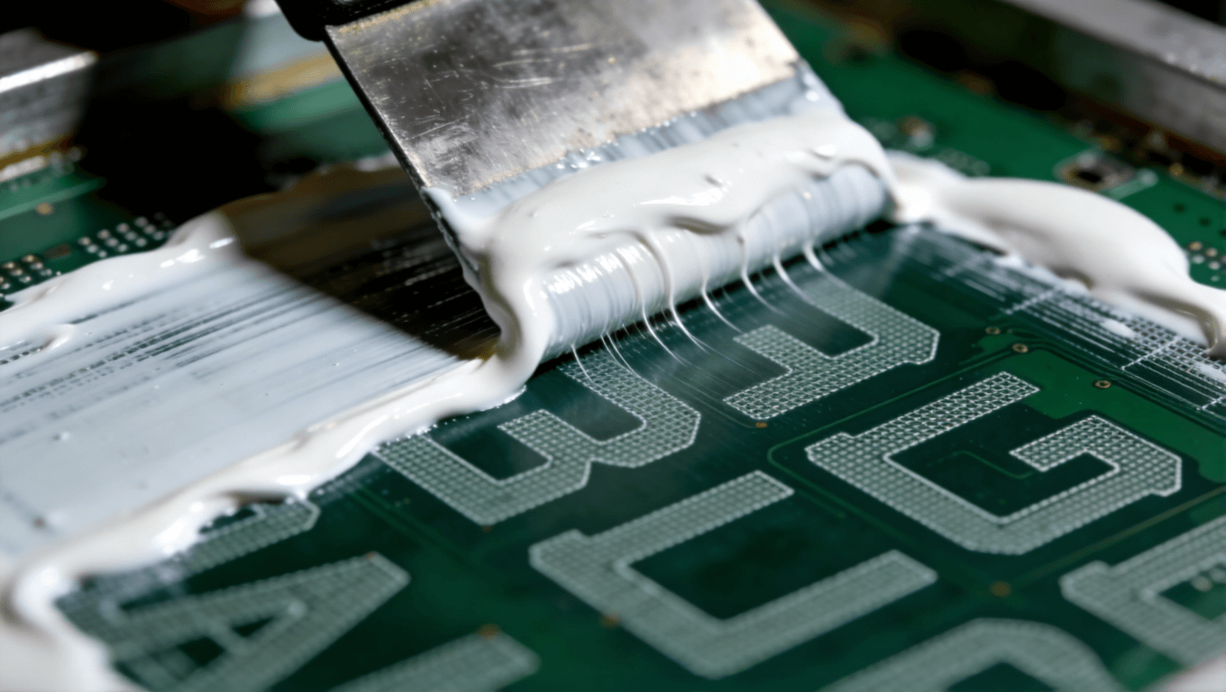 PCB板絲網印刷工藝核心步驟特寫，展現高精度刮印技術