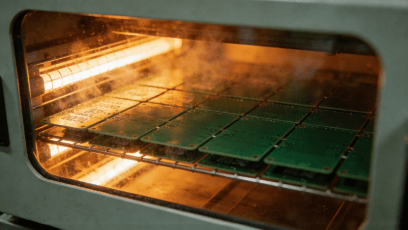 PCB絲印油墨高溫固化工藝現場，電子制造熱固化過程