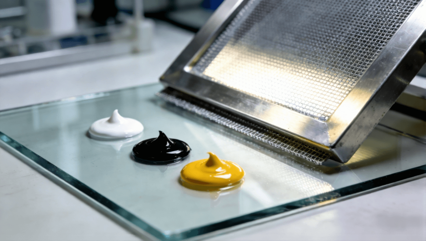 PCB絲印油墨選型與網版搭配專業場景，展示電子制造精密材料科學