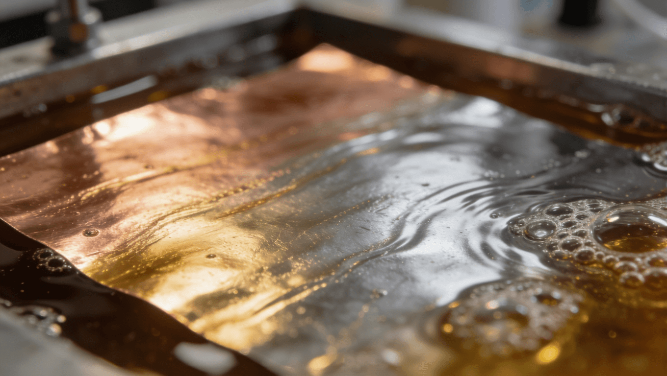 沉金工藝化學沉積過程微距視圖，展示鎳層與金層的形成