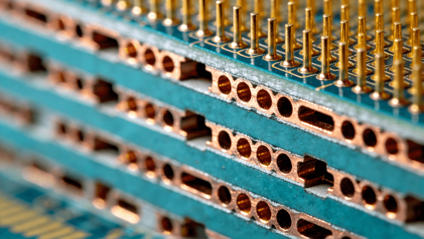 陶瓷電路板盲埋孔工藝的微觀截面示意圖，展示精密互連結構